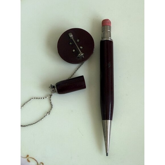 Vintage 40's Retractable Lapel Mechanical Pencil Burgundy Bakelite - Picture 3 of 10